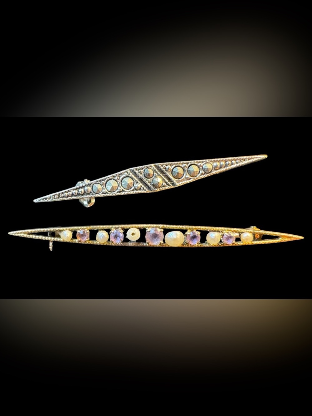 2 Vintage Bar Brooch Pin Silver And Gold Tone White Round Faux Pearl Unisex